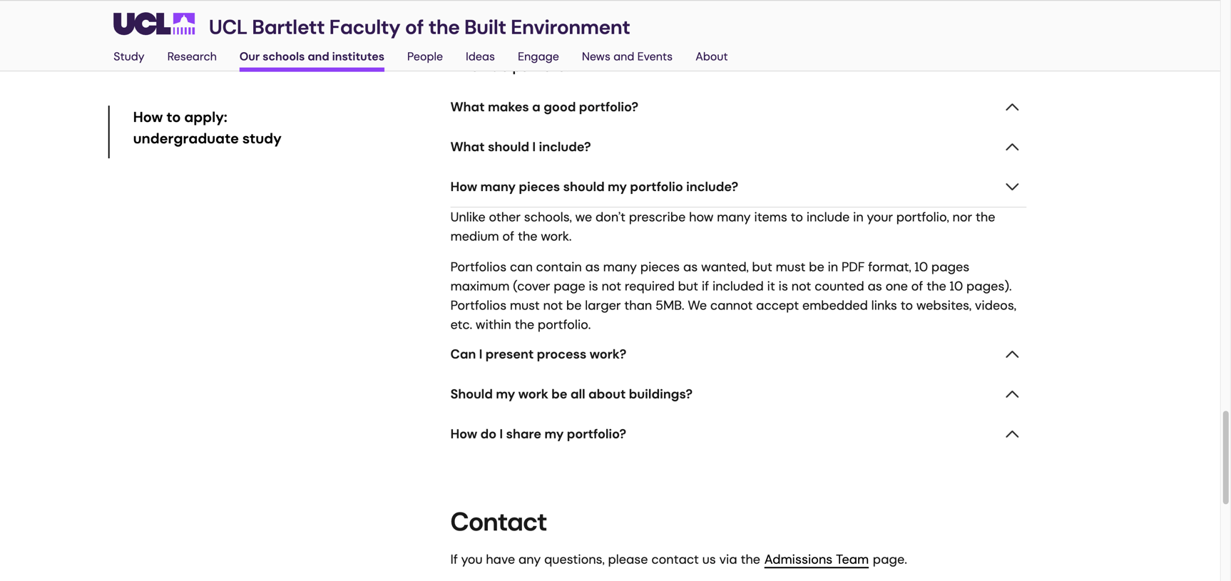 UCL Bartlett本科作品集官网要求截图，显示PDF最多10页且文件不超过5MB